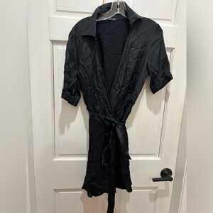 Zara Short Sleeve Black Satin Collared V Neck Wrap Dress